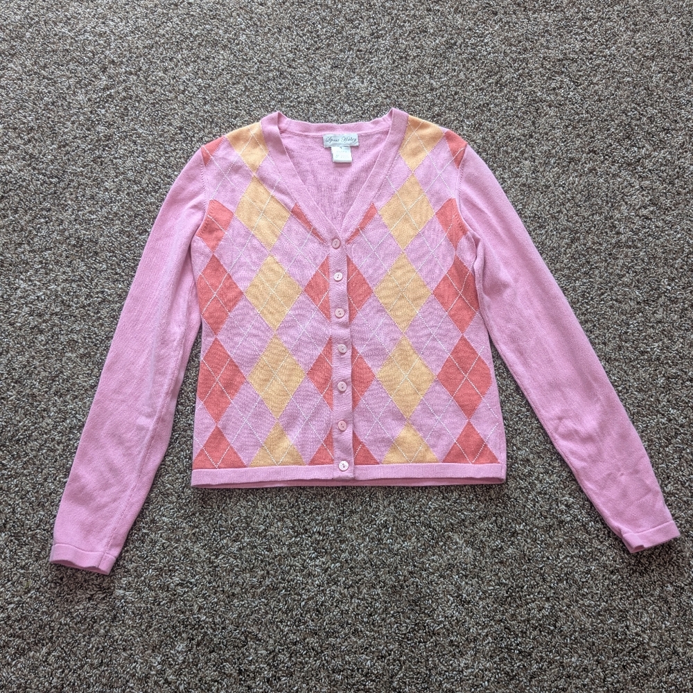 Y2K Argyle Cardigan Size Small Pink